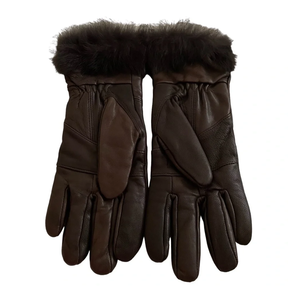 Leather and Fur Trimmed Gloves Small Dark Brown Winter